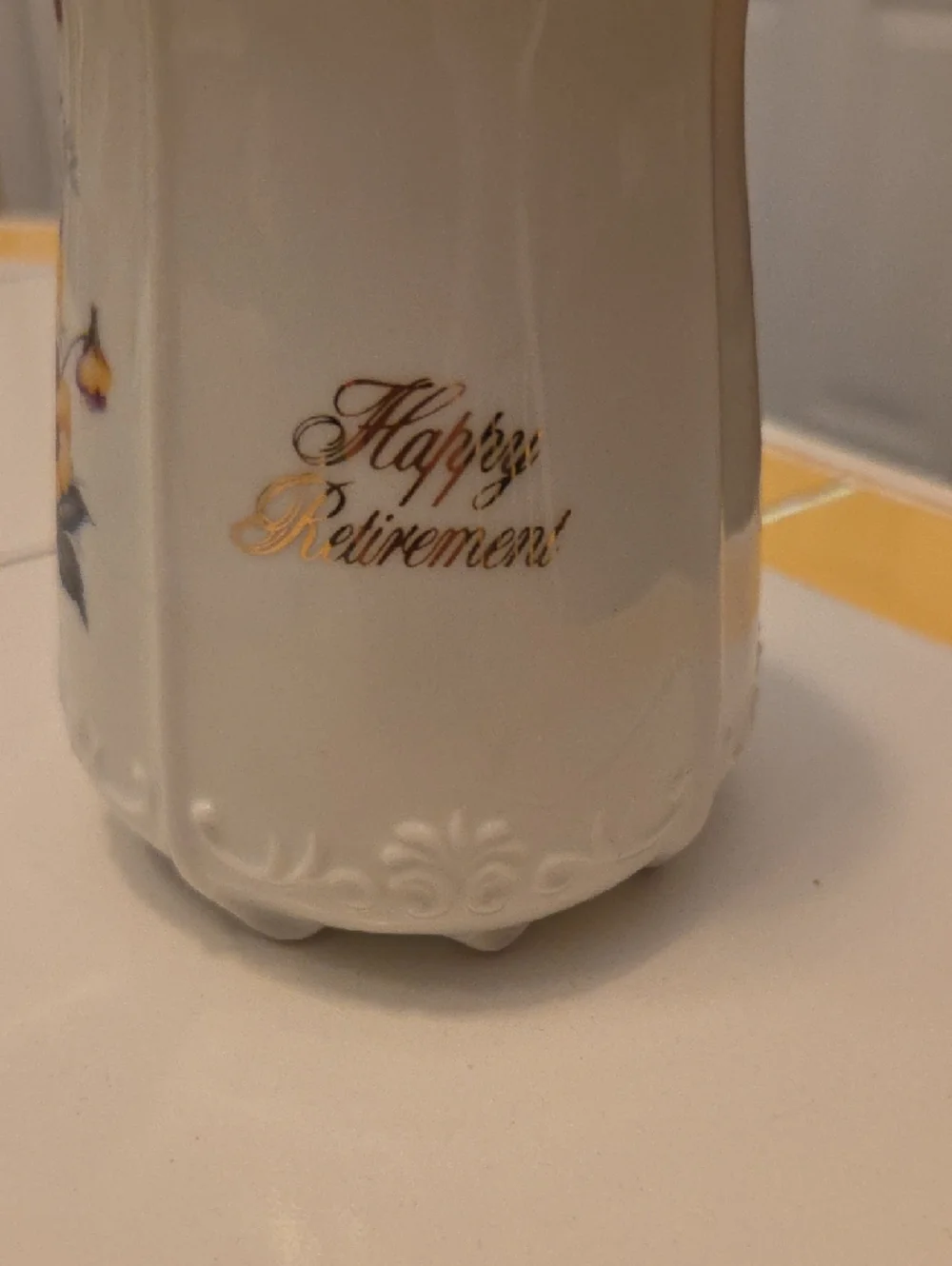 Porcelain Floral Vase with Gold Trim - Cream and Purple